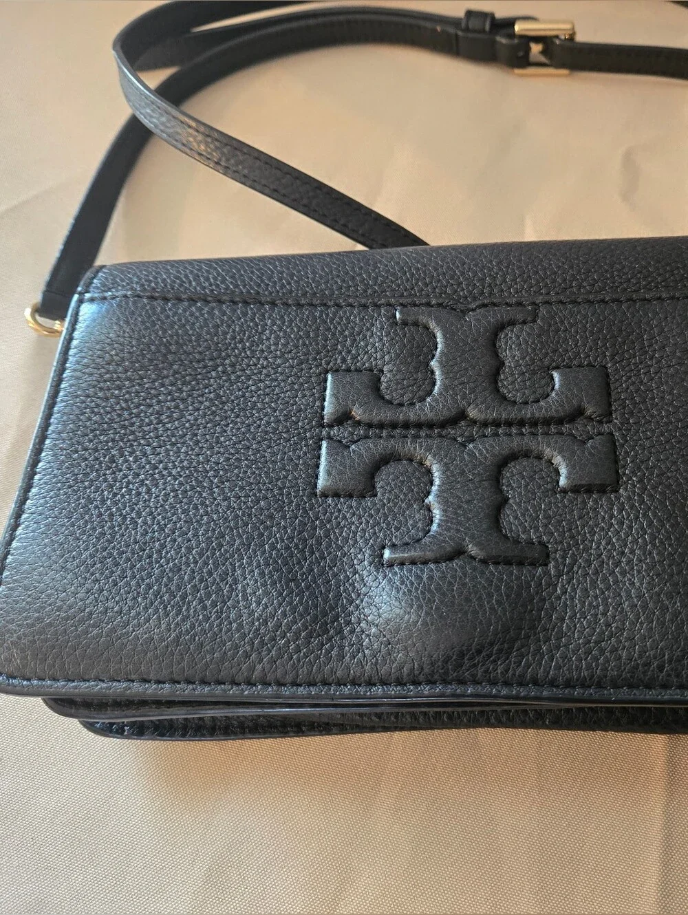 Tory Burch Bombe T Small Crossbody Bag in classic black.